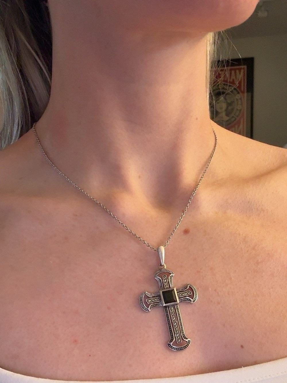 Silver and Onyx Cross Pendant Necklace - Picture 4 of 4